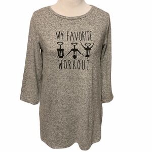 Gray soft tunic sweater, wine workout front